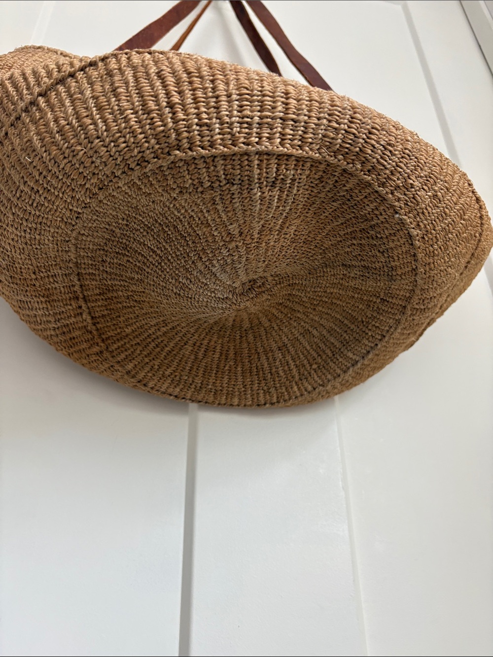 Woven Straw Tote Bag with Brown Leather Straps - Picture 4 of 9
